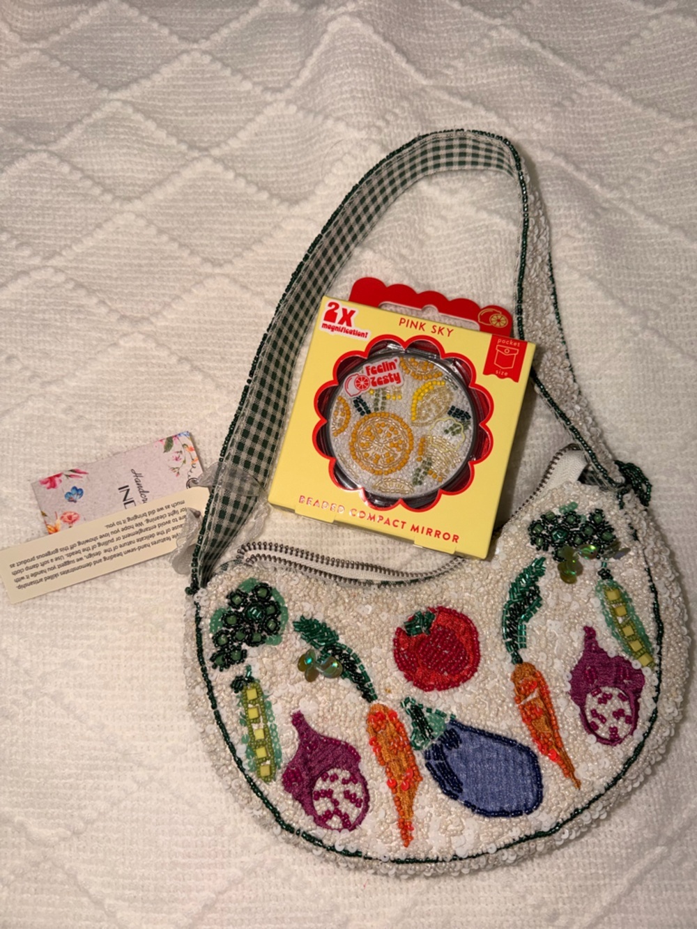 Tik Tok Famous Handmade in India Beaded Garden Mini Crescent Bag & Mirror